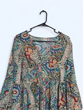 Boho Paisley V-Neck Women’s Dress with Bell Sleeves